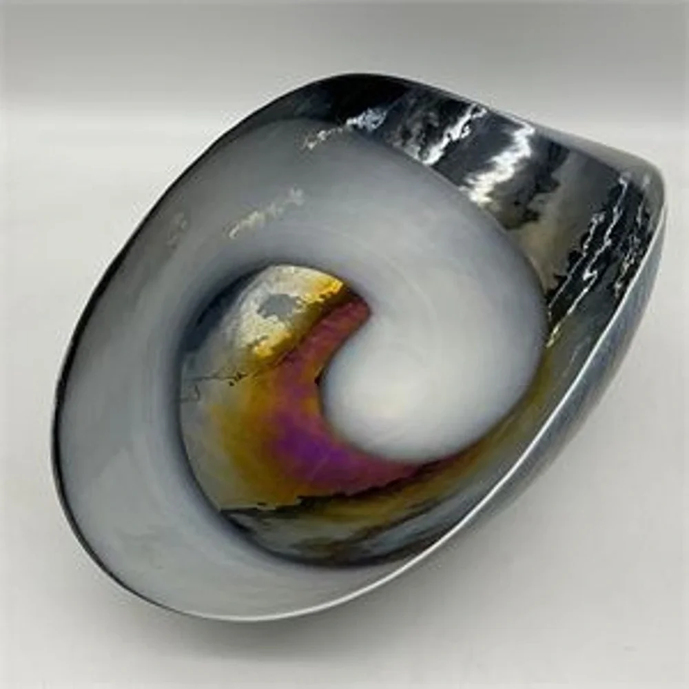 Murano Italy Art Glass Bowl Iridescent Swirl Centerpiece Blue Black Gold Wave